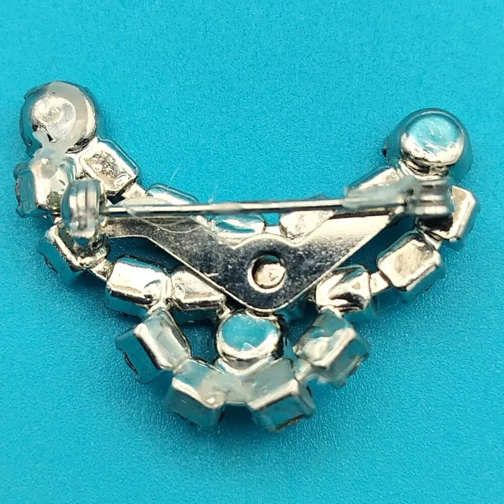 Vintage Clear Rhinestone Crescent Brooch Pin 1.5